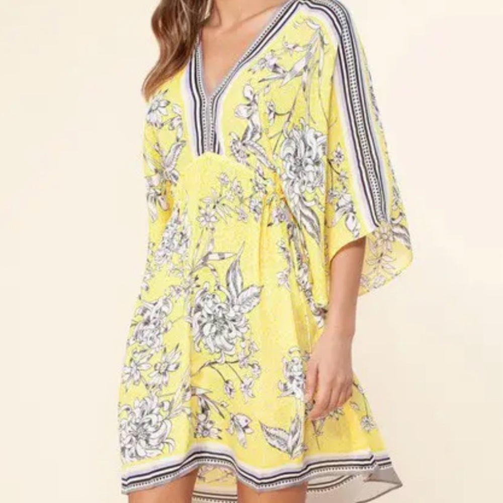 Hale Bob Yellow Floral V-Neck Mini Dress